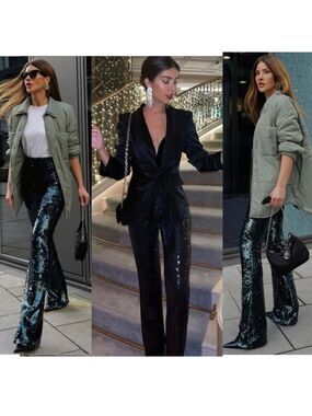 NEW Zara Sequinned Black High Waist Trousers Pants Slit Sz L